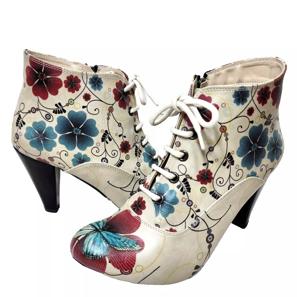 GOBY Butterfly Floral Boots Sz 39/8.5-9 US Cream Blue Red Side Zip